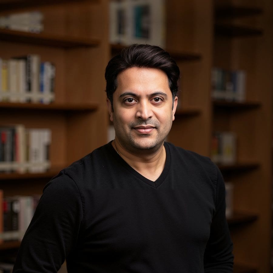 Nikhil Mohan, in a black sweater, in front of library shelves
