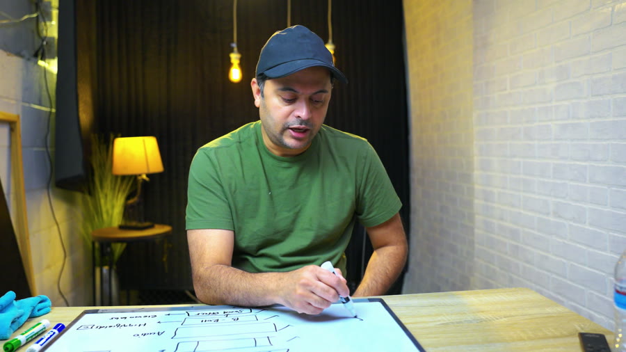 Nik writing on a whiteboard at his desk